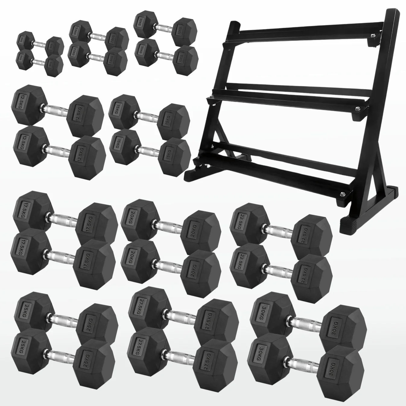 Set of black hexagonal dumbbells with a black metal rack on a white background