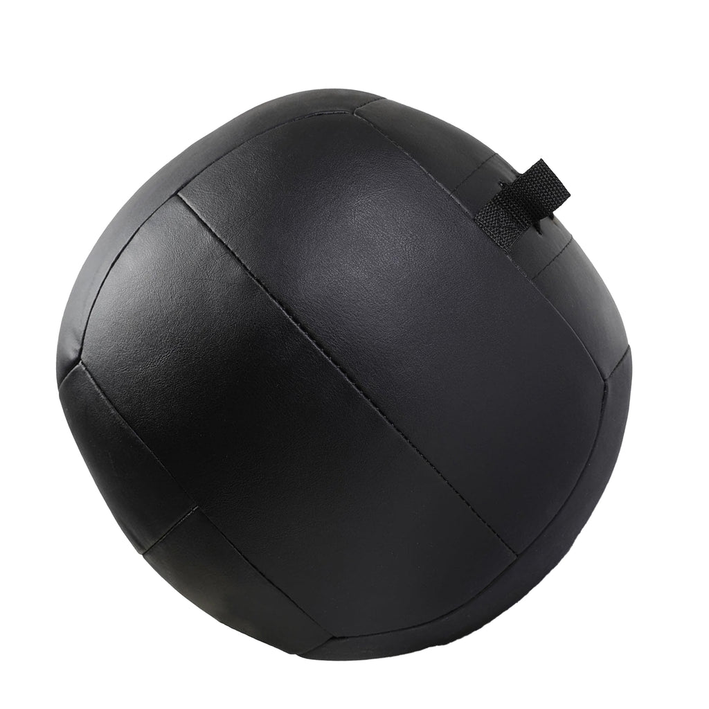 Black exercise ball with a handle on a white background