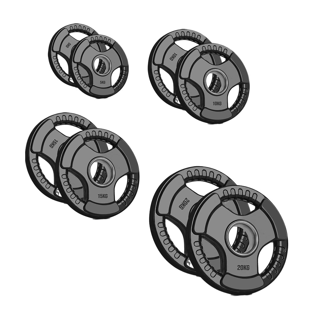 Set of weight plates with different capacities on a white background