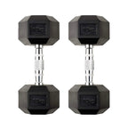 Pair of 10kg hexagonal dumbbells on a white background