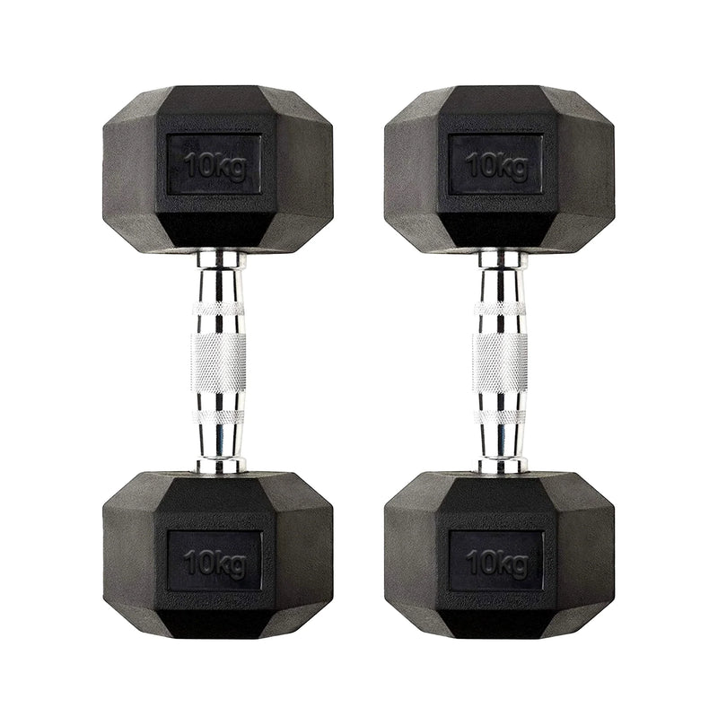 Pair of 10kg hexagonal dumbbells on a white background