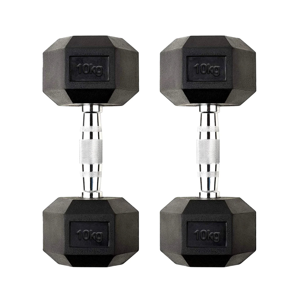 Pair of black hexagonal dumbbells with '10kg' marking on a white background