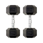 Pair of black hexagonal dumbbells with '10kg' marking on a white background