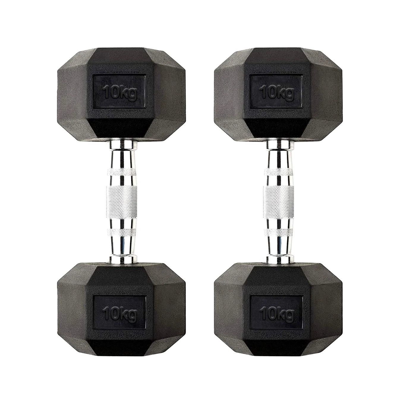 Pair of black hexagonal dumbbells with '10kg' marking on a white background