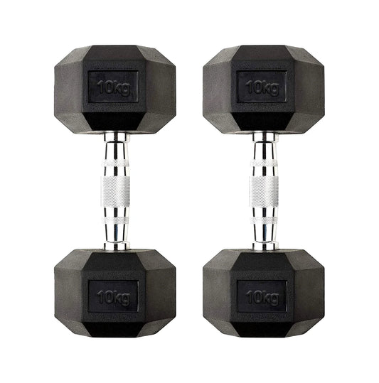 10kg Rubber Hex Dumbbells with Chrome Steel Handles – Non-Slip Free Weights for Strength Training, Home Gym Workouts & Full-Body Conditioning