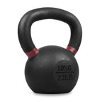 A black cast iron kettlebell with a red painted accent on the handle, featuring '10KG 22LB' stamped on the front, set against a plain white background.