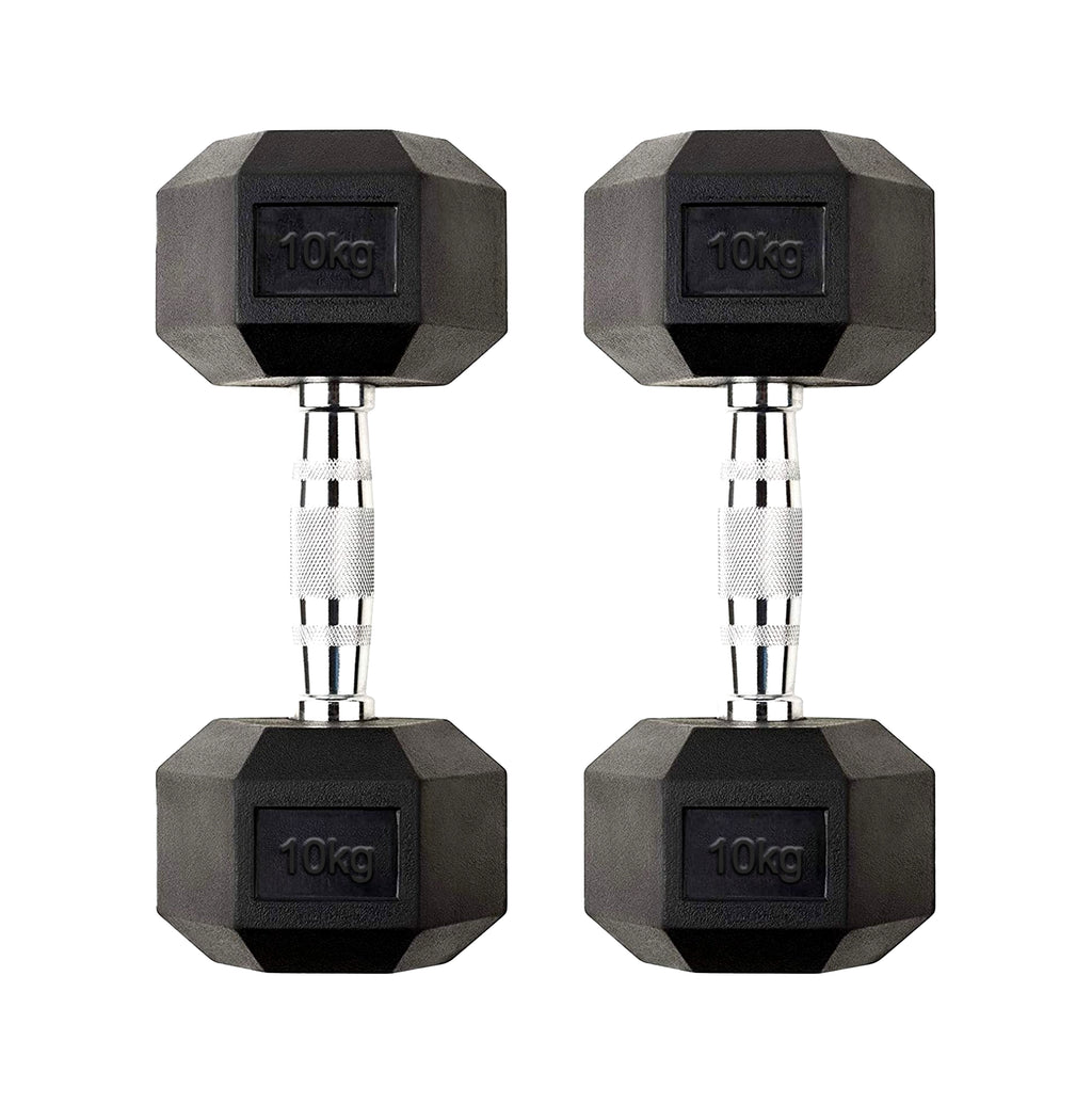 Pair of black hexagonal dumbbells with '10kg' marking on a white background
