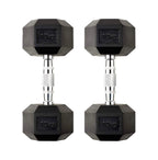 Pair of black hexagonal dumbbells with '10kg' marking on a white background