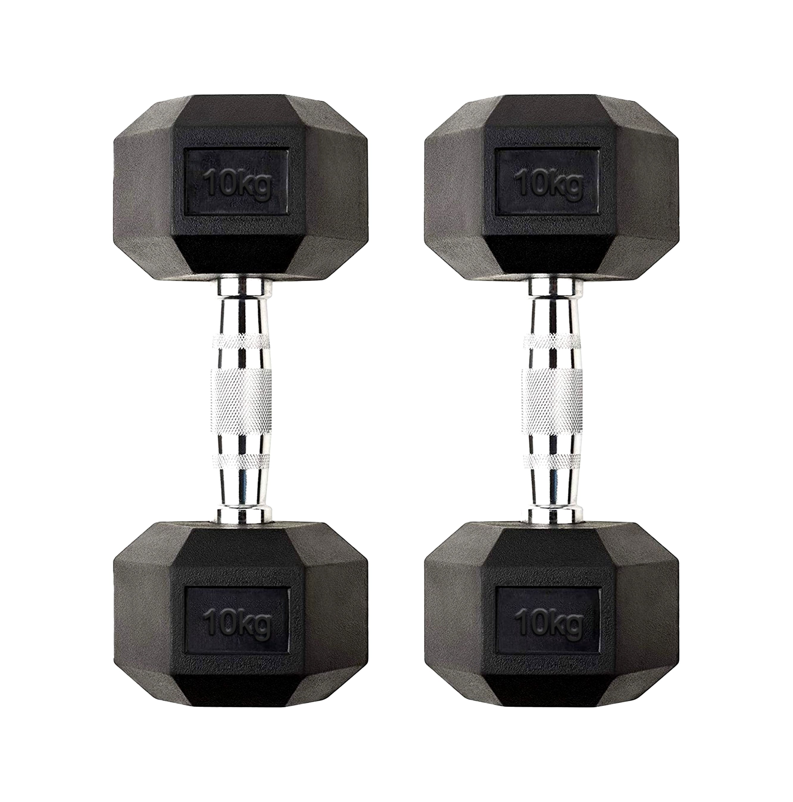 Pair of black hexagonal dumbbells with '10kg' marking on a white background