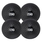 4 black treaded slam ball with a textured grip and the weight '20KG'25KG,12KG,15KG displayed on it.