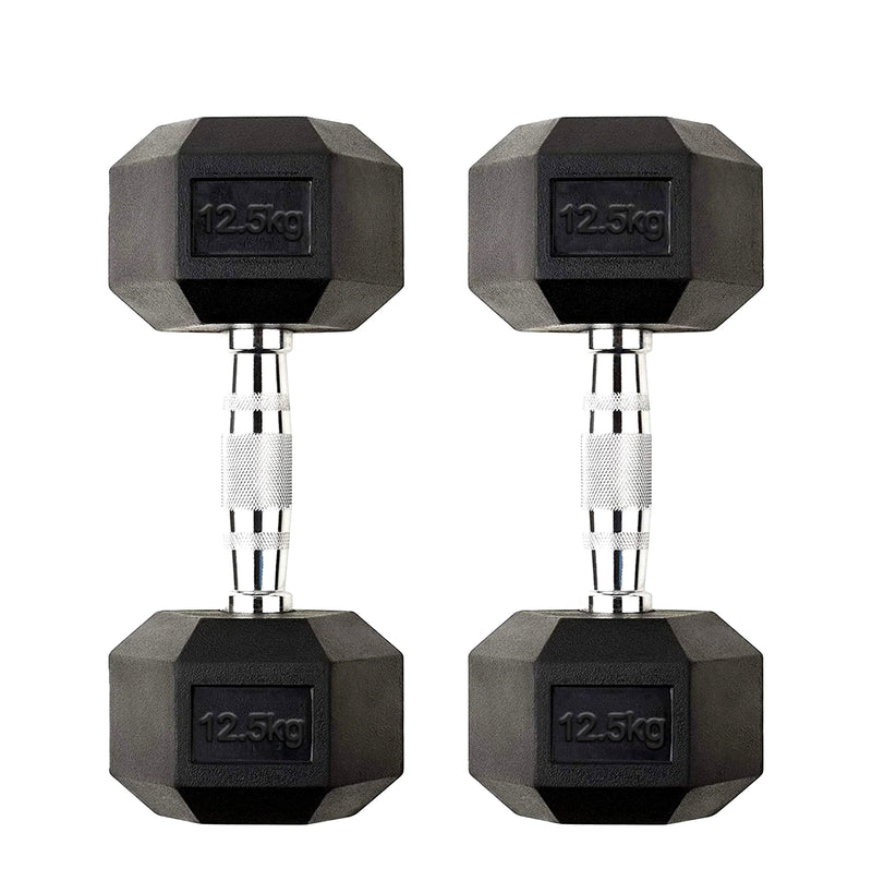 Pair of black hexagonal dumbbells with '12.5kg' marking on a white background