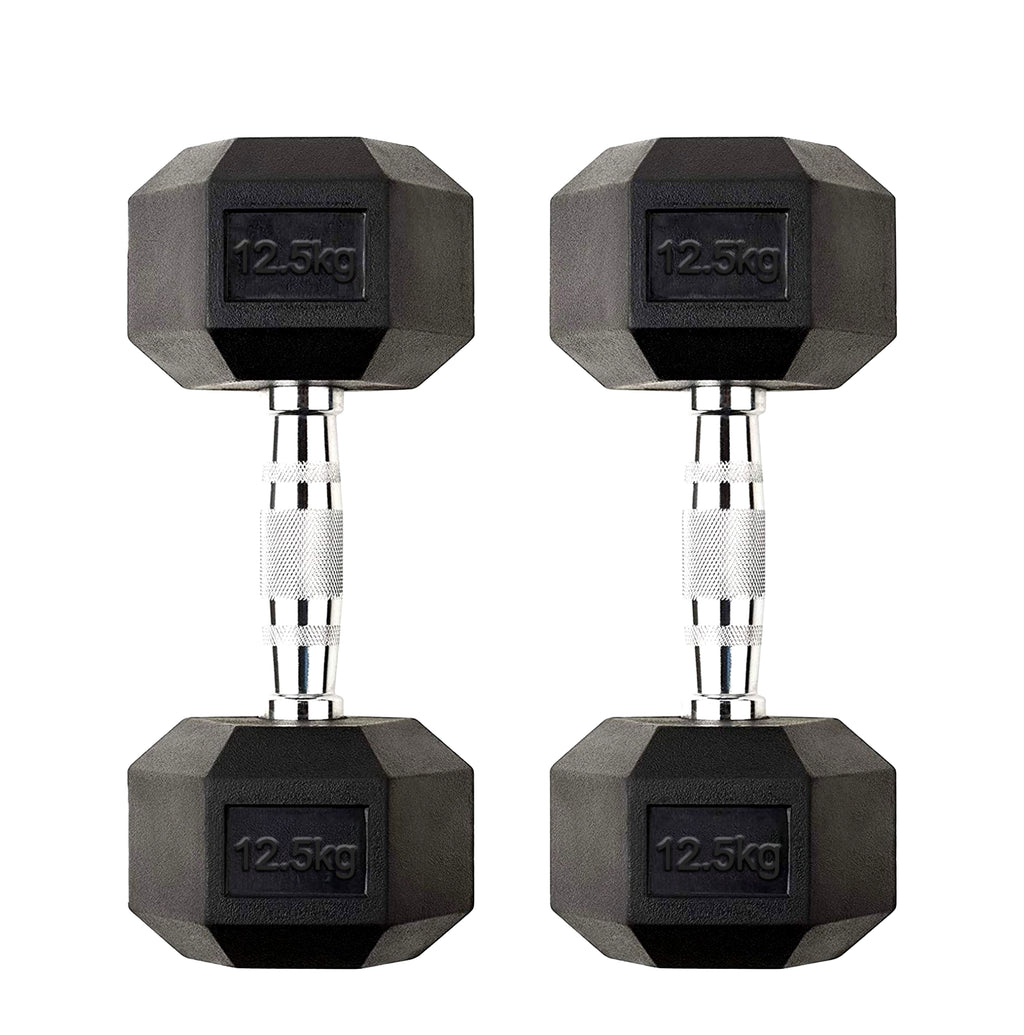 Pair of black hexagonal dumbbells with '12.5kg' marking on a white background