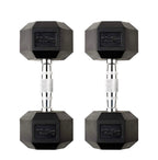 Pair of black hexagonal dumbbells with '12.5kg' marking on a white background