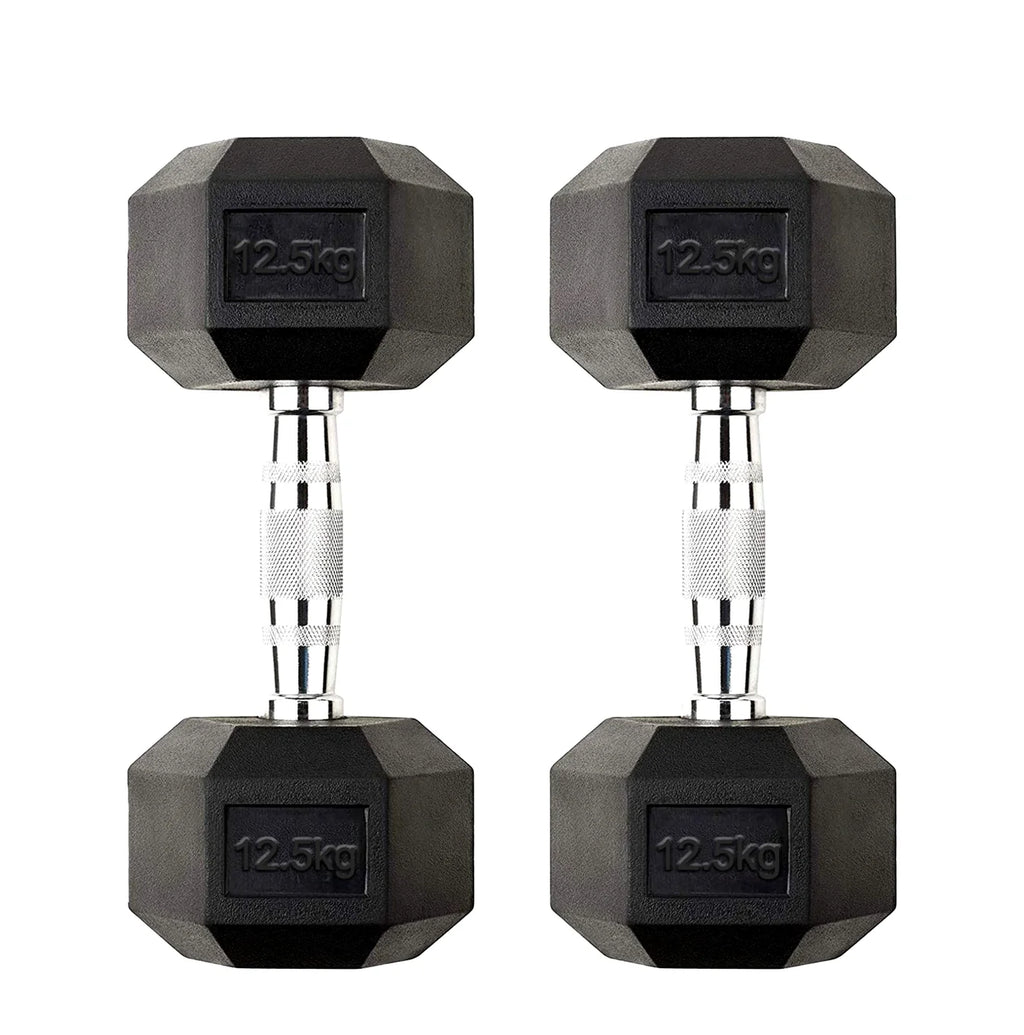 Pair of black hexagonal dumbbells with '12.5kg' marking on a white background