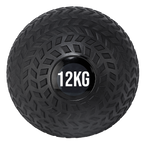 A black treaded slam ball with a textured grip and the weight '12KG' displayed on it.