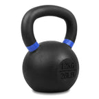 A 12kg (26lb) black cast iron kettlebell with blue grip accents, shown on a clean white background.