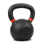 A black cast iron kettlebell with a textured finish, featuring red bands near the handle and embossed weight markings of '14KG 31LB' on the front, isolated on a white background.