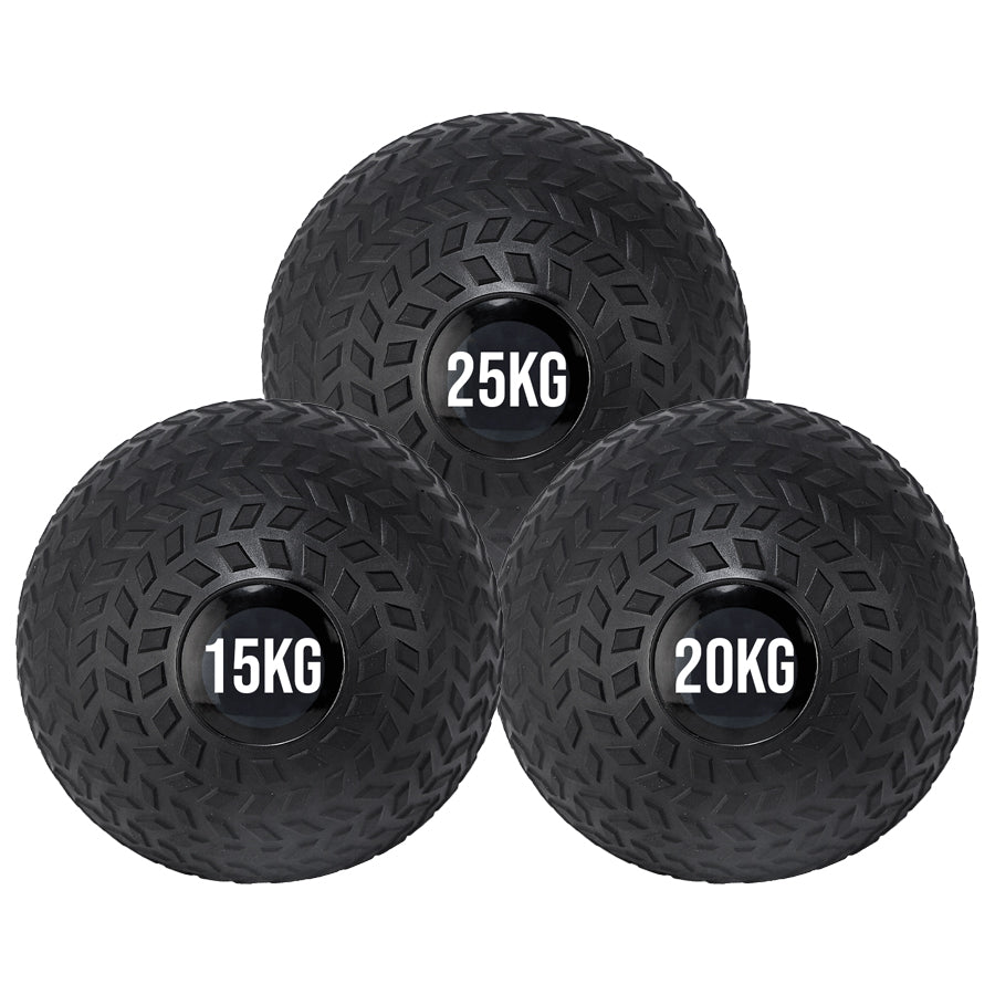 A black treaded slam ball with a textured grip and the weight '25KG,15KG,20KG' displayed on it.