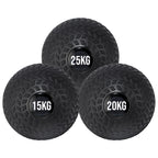 A black treaded slam ball with a textured grip and the weight '25KG,15KG,20KG' displayed on it.