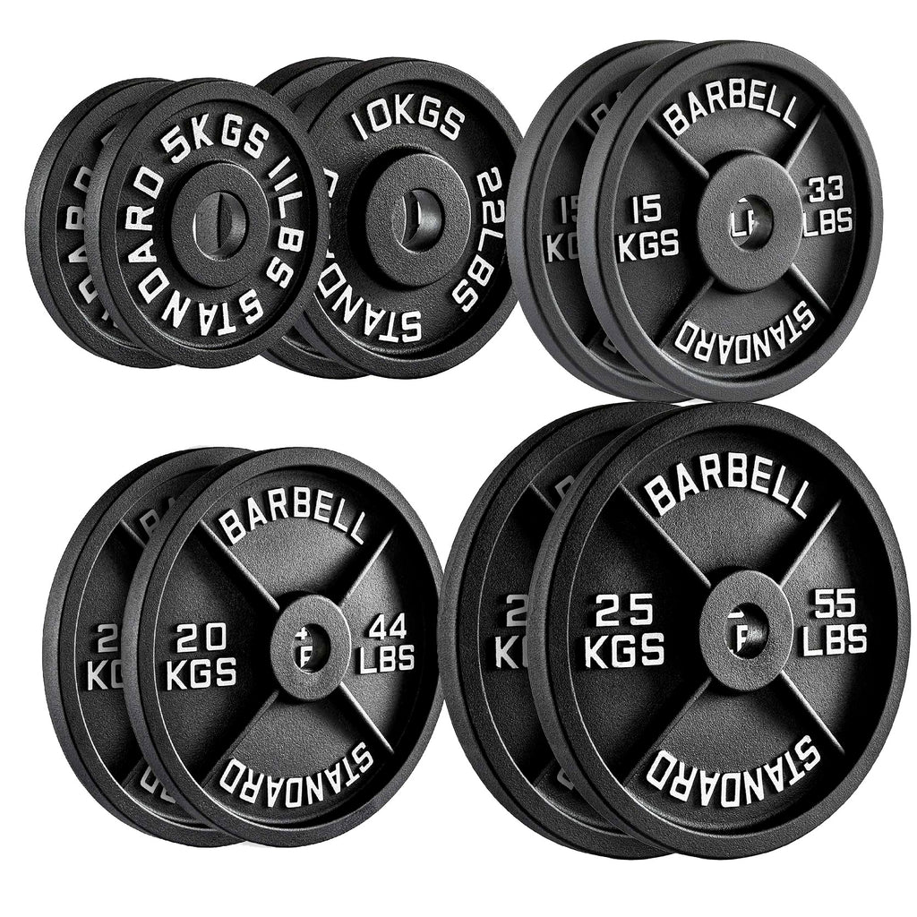 Set of weight plates with labeled weights on a white background