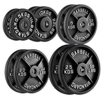 Set of weight plates with labeled weights on a white background