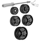 Set of barbell weights with a bar on a white background