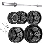 Barbell set with weight plates and cables on a white background