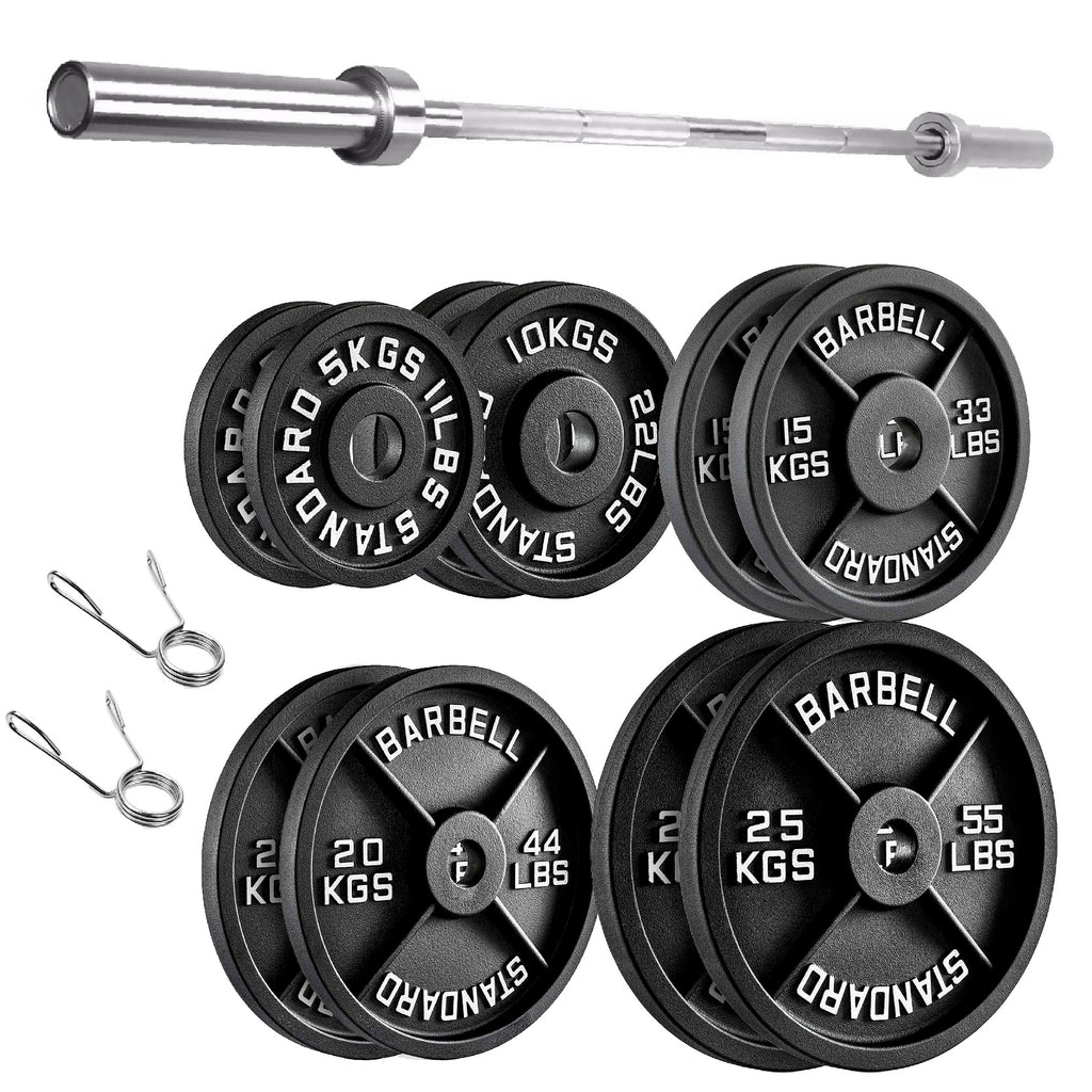 Barbell set with weight plates and bar on a white background