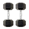 Pair of black hexagonal dumbbells with 15kg marking on a white background