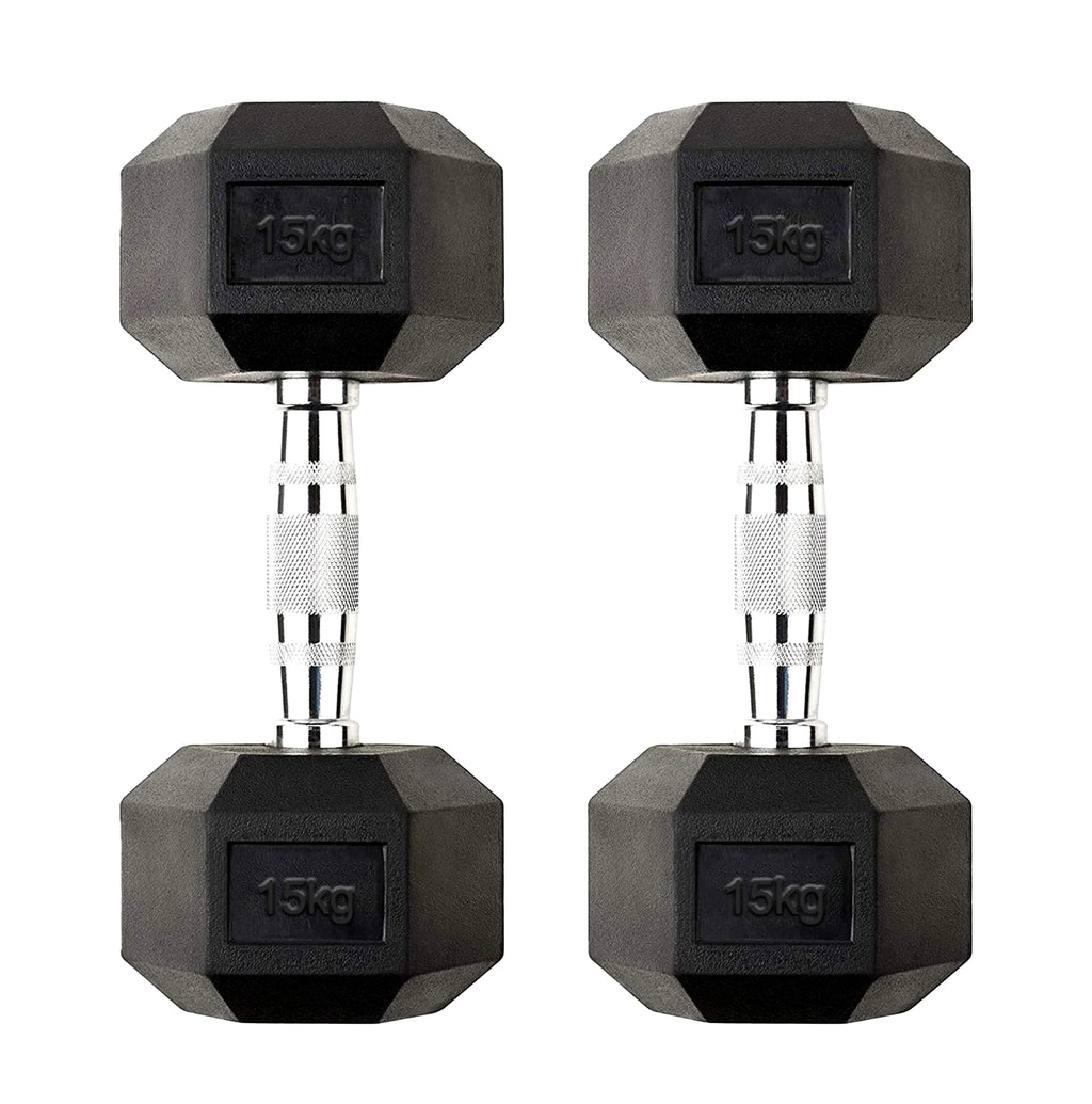 Pair of black hexagonal dumbbells with 15kg marking on a white background