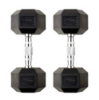 Pair of black hexagonal dumbbells with 15kg marking on a white background