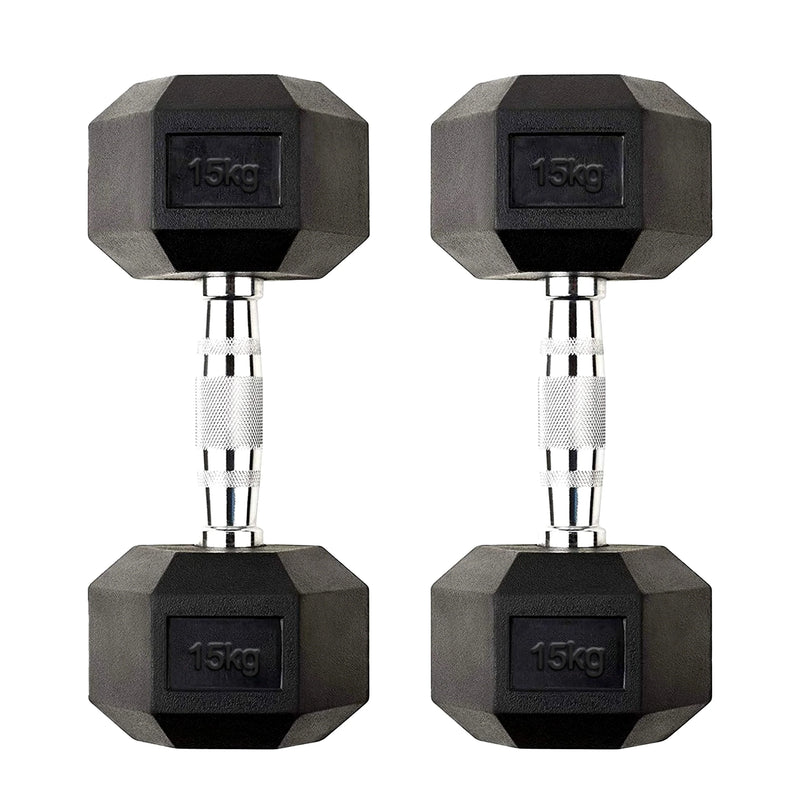 Pair of black hexagonal dumbbells with 15kg marking on a white background