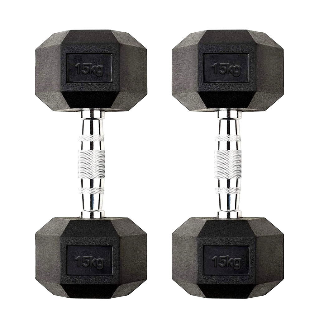 Pair of black hexagonal dumbbells with '15kg' marking on a white background