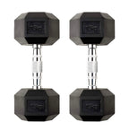 Pair of black hexagonal dumbbells with '15kg' marking on a white background