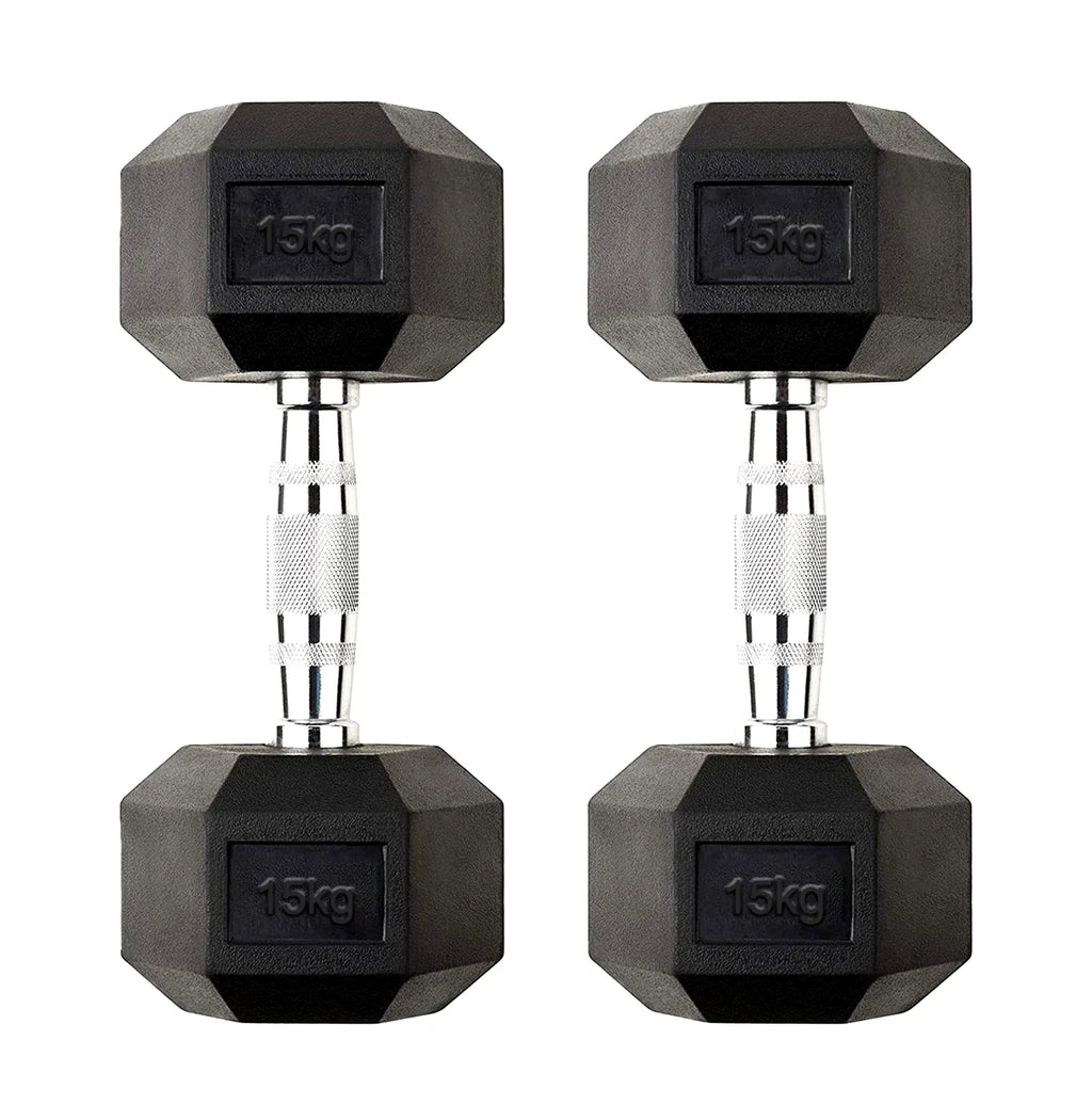 Pair of black hexagonal dumbbells with silver collars on a white background