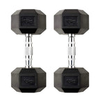 Pair of black hexagonal dumbbells with silver collars on a white background
