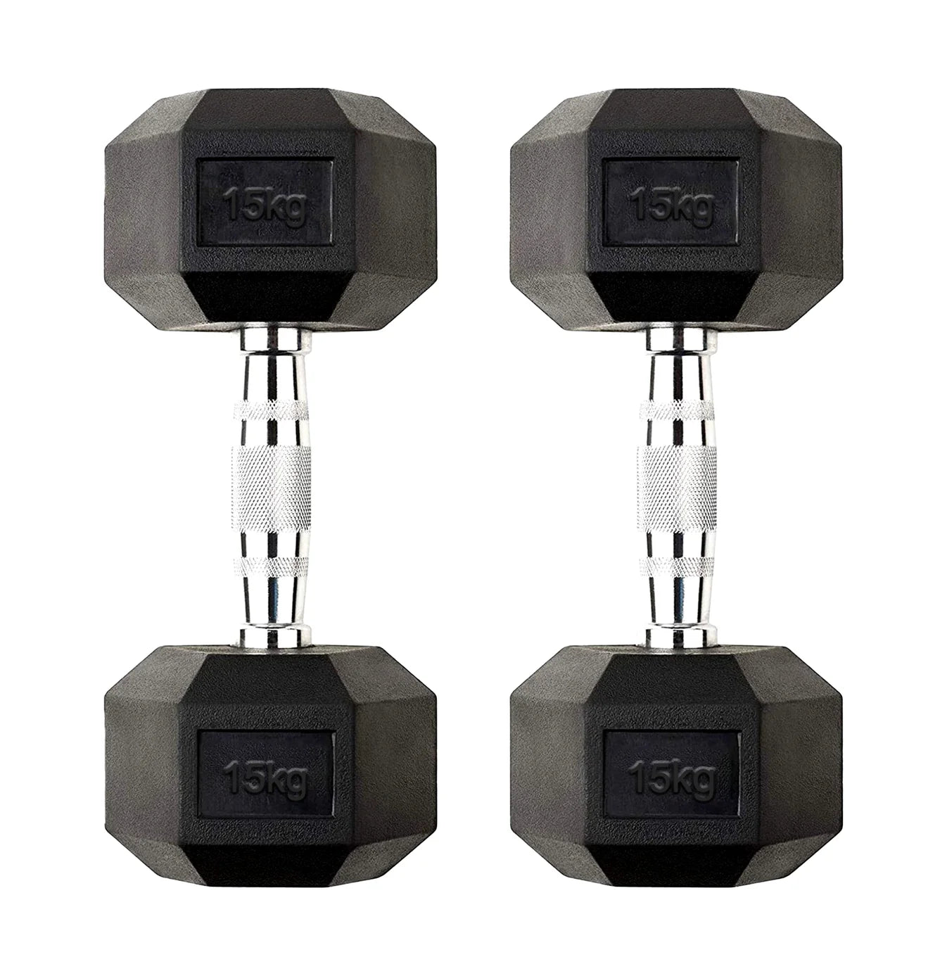 Pair of black hexagonal dumbbells with silver collars on a white background