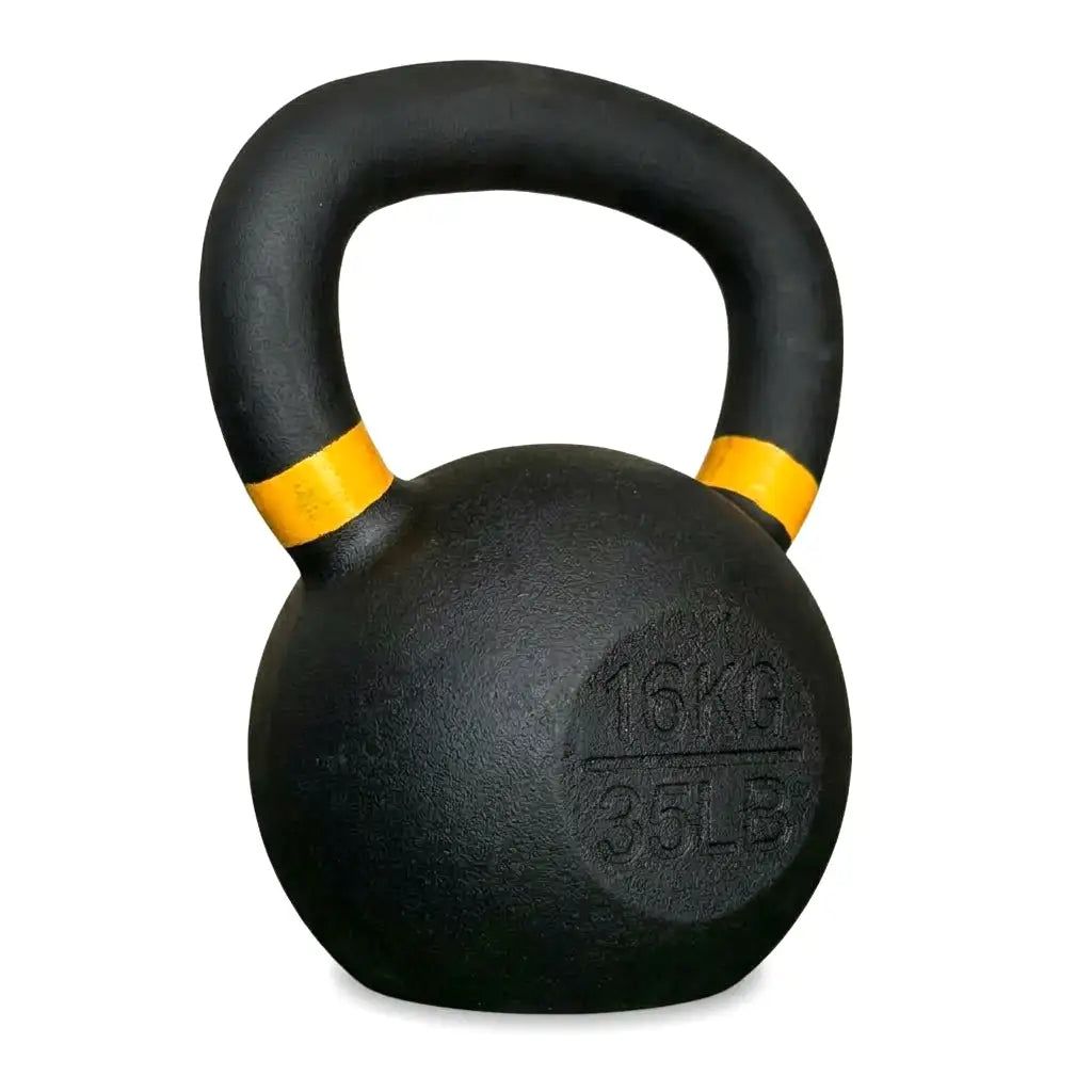 A black cast iron kettlebell with a yellow band near the handle and '16KG 35LB' embossed on the front, isolated on a white background.