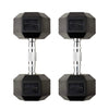 Pair of black hexagonal dumbbells with 17.5 kg markings on a white background