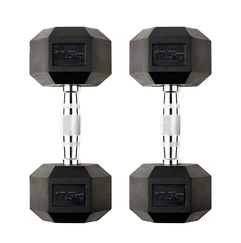 Pair of black hexagonal dumbbells with 17.5 kg markings on a white background