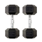 Pair of black hexagonal dumbbells with 17.5 kg markings on a white background