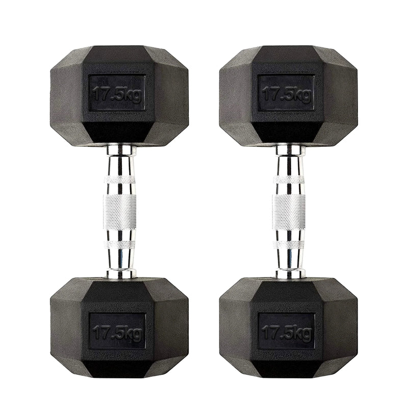 Pair of black hexagonal dumbbells with 17.5 kg markings on a white background