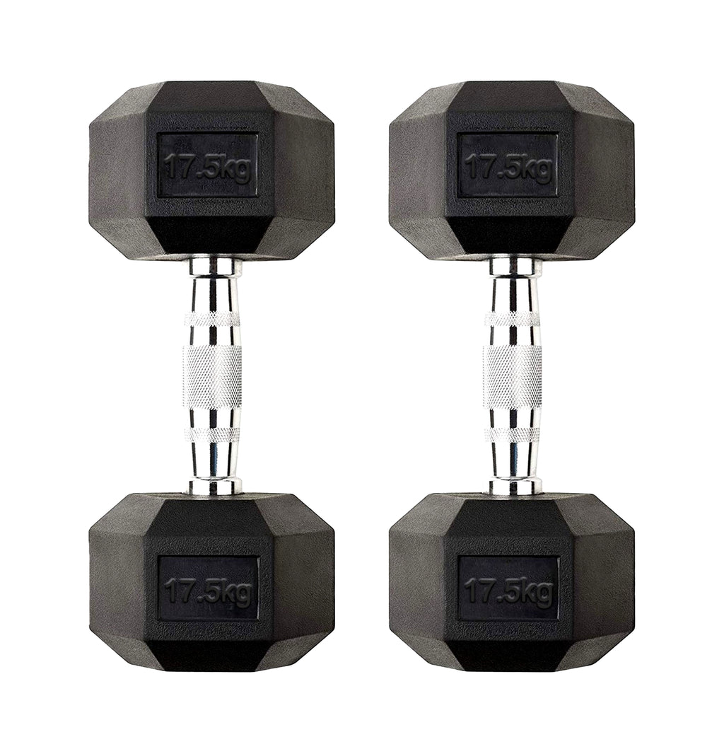Pair of black hexagonal dumbbells with '17.5kg' marking on a white background