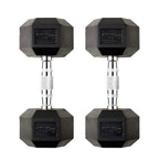 Pair of black hexagonal dumbbells with '17.5kg' marking on a white background