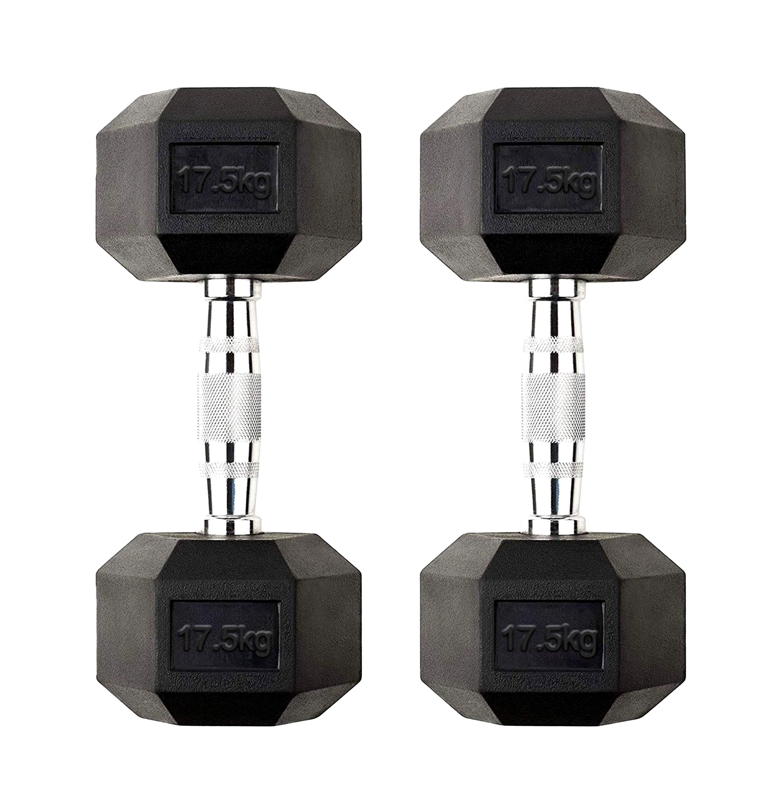 Pair of black hexagonal dumbbells with '17.5kg' marking on a white background