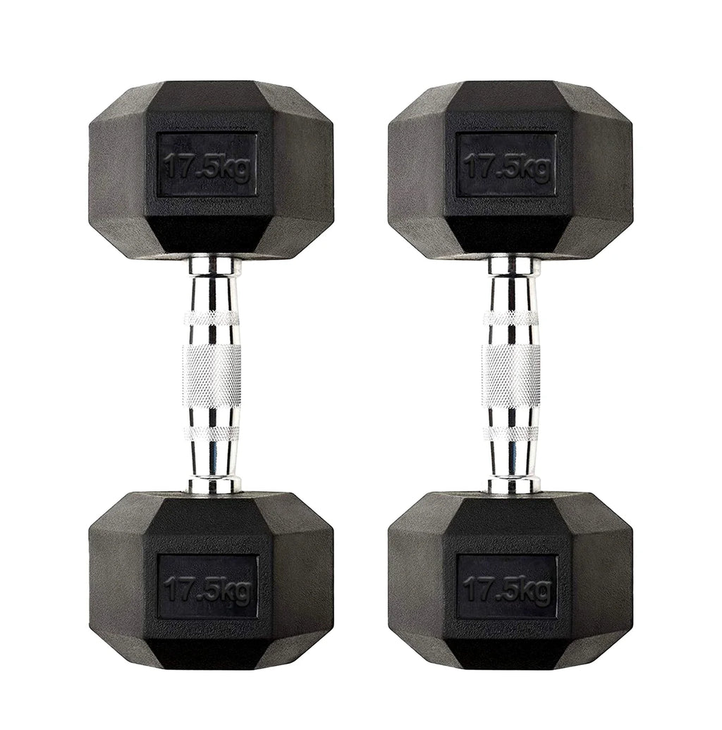 Pair of black hexagonal dumbbells with '17.5kg' marking on a white background
