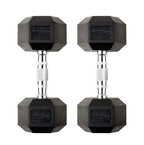 Pair of black hexagonal dumbbells with '17.5kg' marking on a white background