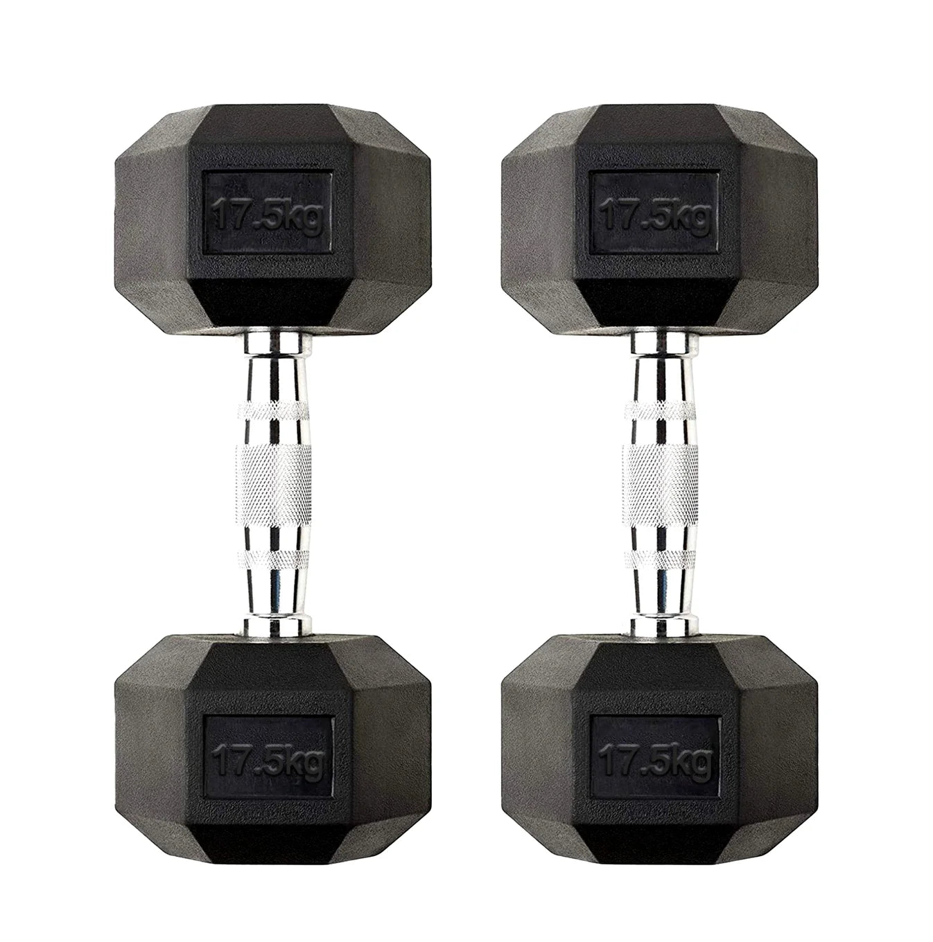 Pair of black hexagonal dumbbells with '17.5kg' marking on a white background