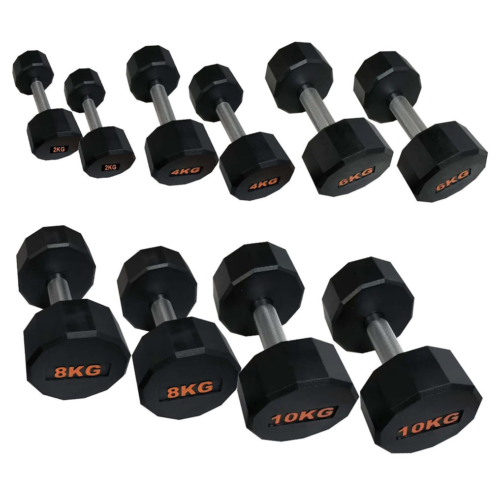 Set of black dumbbells with weight markings on a white background