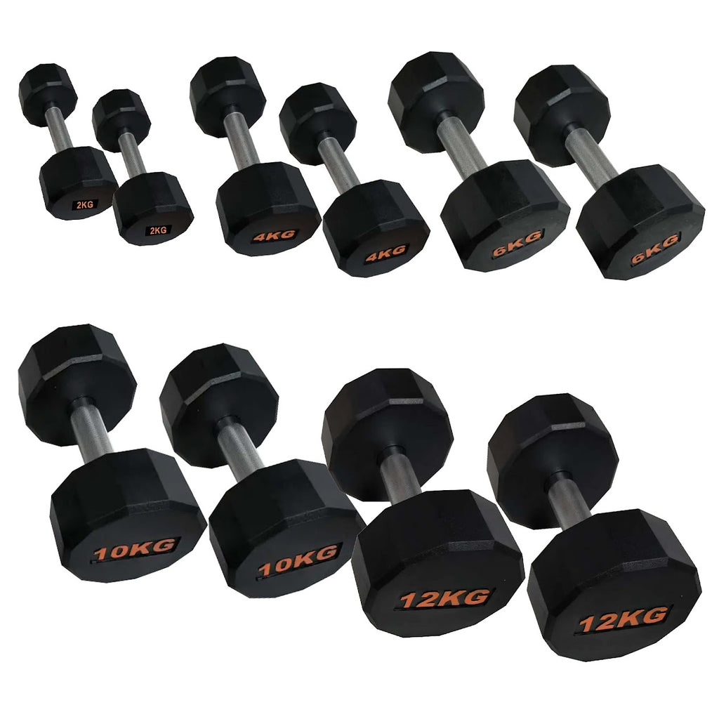 Set of black dumbbells with weight markings on a white background